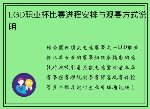 LGD职业杯比赛进程安排与观赛方式说明