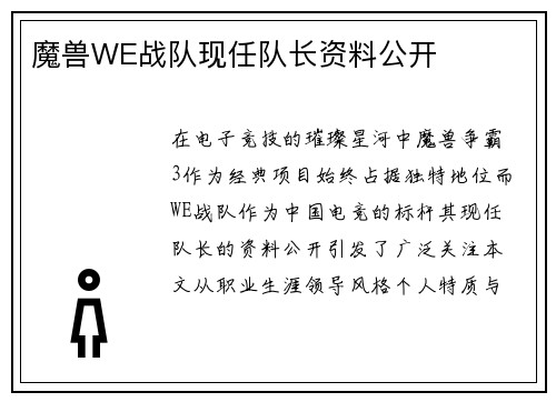 魔兽WE战队现任队长资料公开
